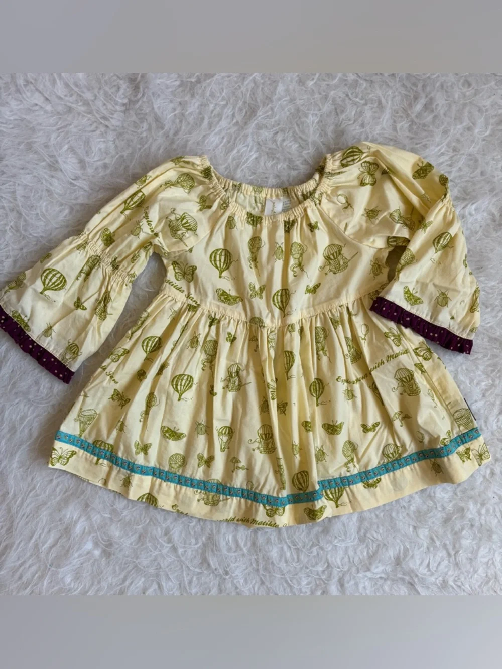 Matilda Jane Cottagecore AOP Butter Yellow Peasant Dress with Teal & Plum Trim